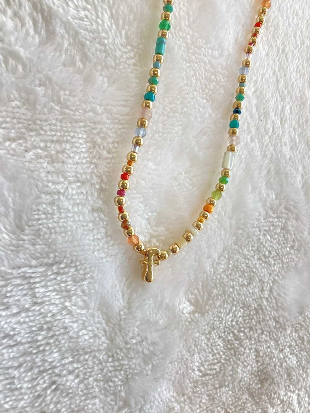 Anthropologie 14KT Gold Plated Monogram Necklace Beaded Bubble Lowercase F